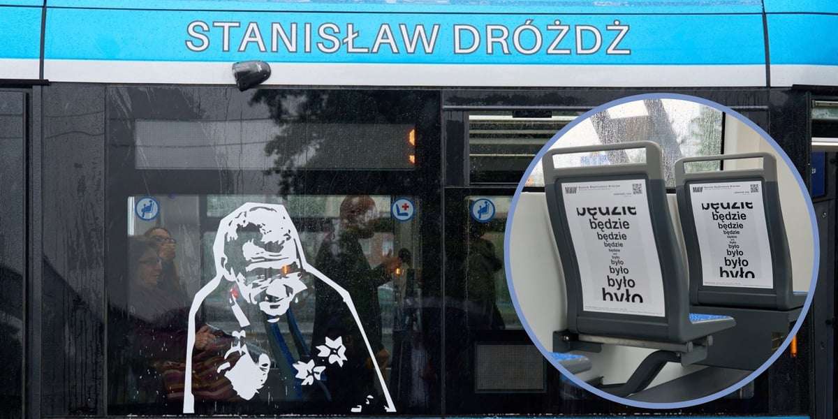 Na dużym zdjęciu bok tramwaju im. Stanisława Dróżdża, w kółku krzesła w tramwaju z naklejką z pracy Stanisława Dróżdża „było jest będzie” 
