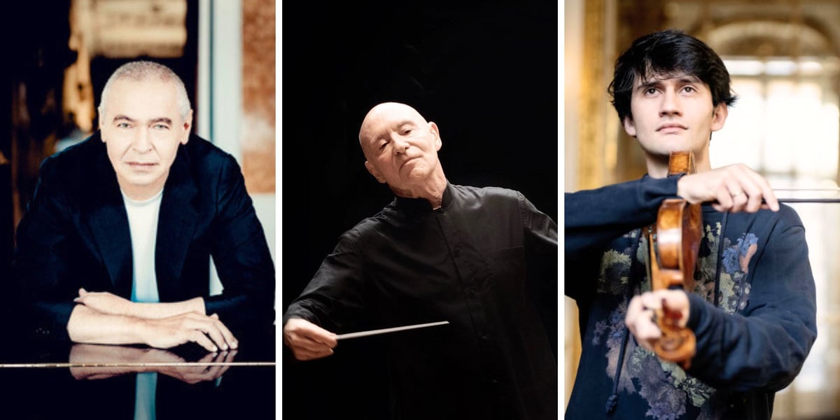 Trzy zdjęcia – z lewej Ivo Pogorelić, Maestro Christoph Eschenbach, Théotime Langlois de Swarte 
