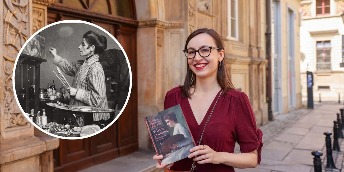 Na dużym zdjęciu Karolina Dzimira-Zarzycka z książką „Własna pracownia”, na małym zdjęciu w kółku Olga Boznańska w pracowni przy ul. Wolskiej w Krakowie, ok. 1920