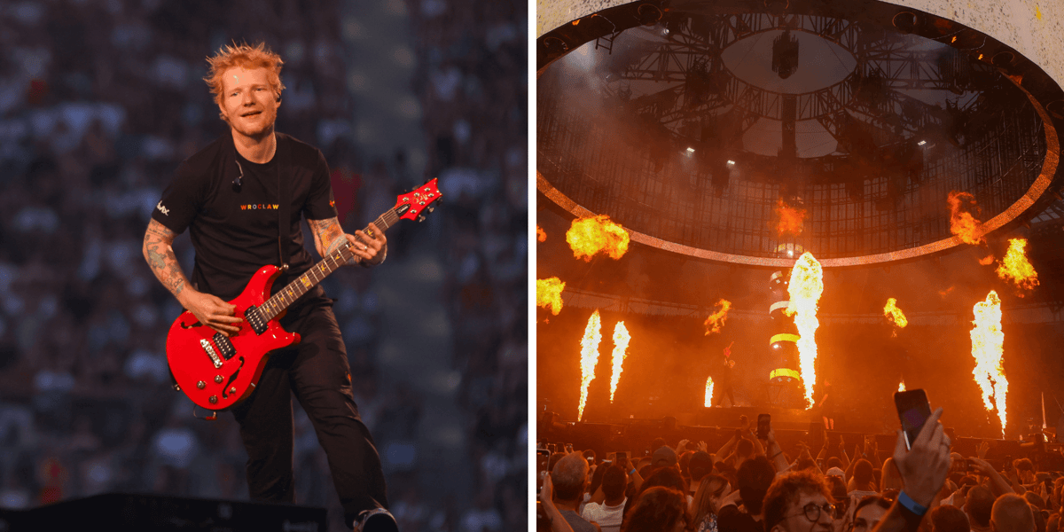 Zestawienie dwóch zdjęć: z lewej Ed Sheeran na koncercie we Wrocławiu, z prawej ognie na scenie