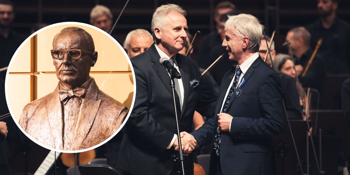 Na dużym zdjęciu Giovanni Antonini (z prawej) odebrał medal „Zasłużony Kulturze – Gloria Artis”, na małym zdjęciu w kółku popiersie Andrzeja Markowskiego