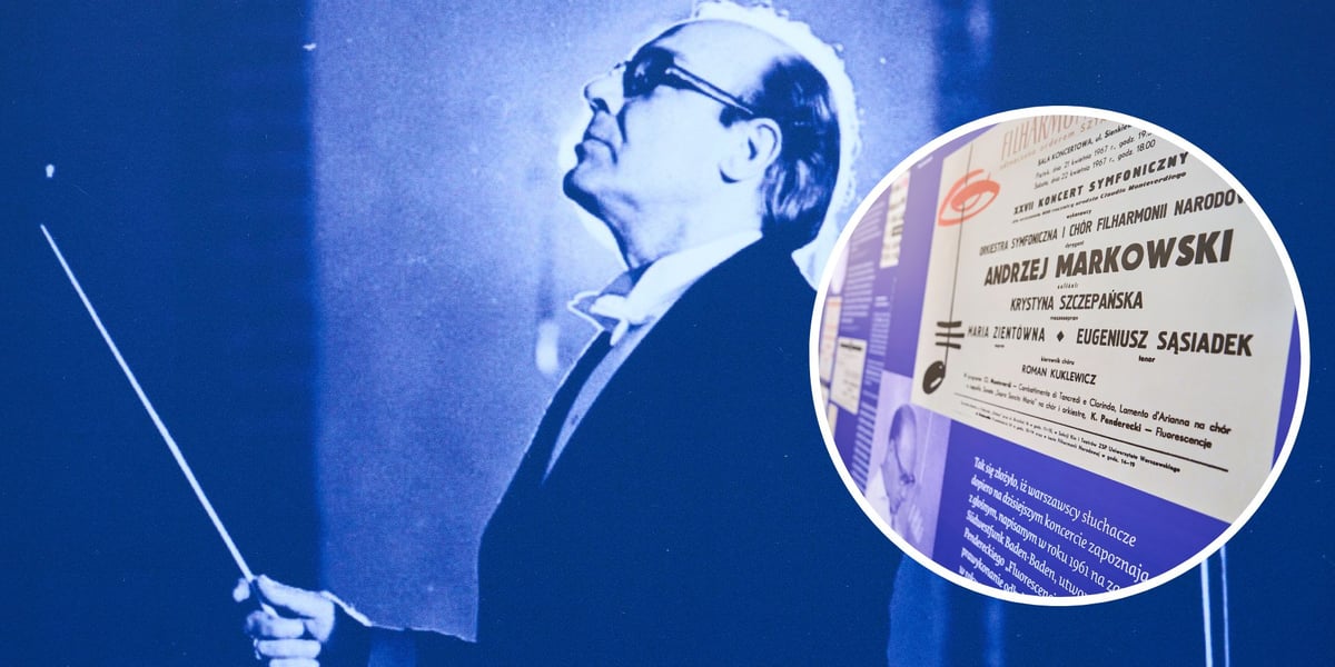 Na dużym zdjęciu Andrzej Markowski dyrygujący, na małym zdjęciu w kółku fragment planszy wystawowej w Muzeum Pana tadeusza