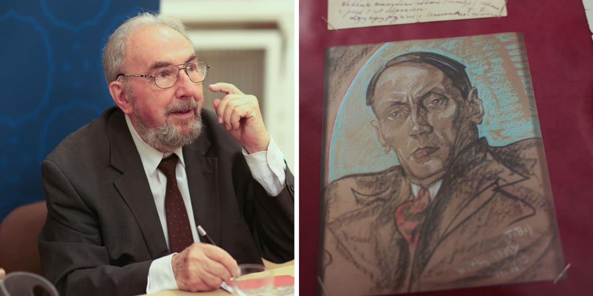 Profesor Janusz Degler przy stole | pastelowy portret Witkiewicza w gablocie na jednodniowej wystawie „O! Witkacy” w refektarzu Ossolineum (18 września 2025)
