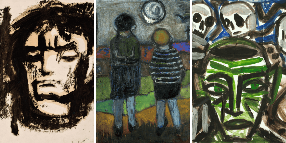 Zestawienie 3 obrazów z wystawy: z lewej W. Cwenarski, „Autoportret”, w środku W. Cwenarski, „Kompozycja” (z dwójką dzieci), obok Z. Nitka, „Bez tytułu”, 2007, Muzeum Narodowe we Wrocławiu



