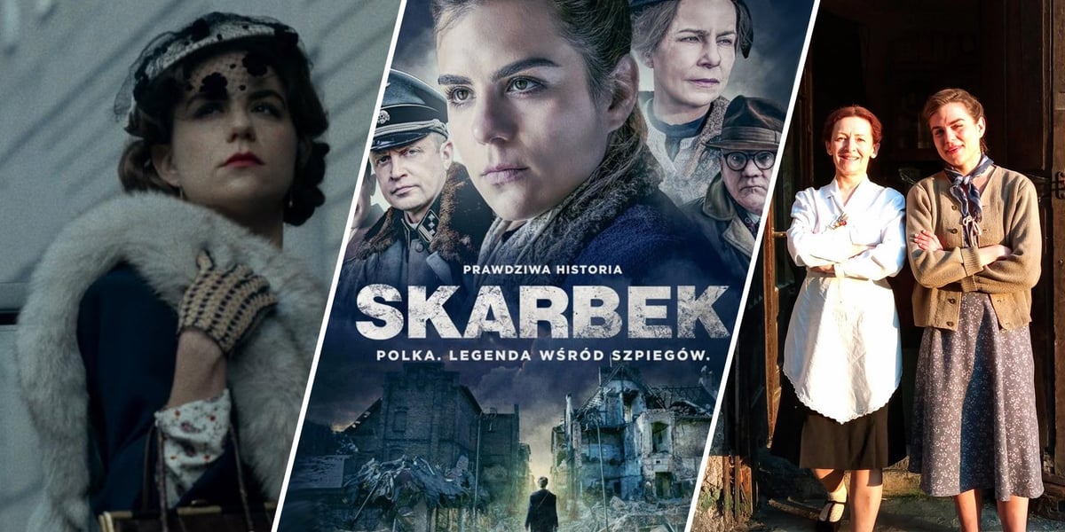 Trzy zdjęcia – z lewej Morgane Polański jako Krystyna Skarbek w filmie, w środku plakat filmu, z prawej Eliza Głowicka-Wolska z Morgane Polański na planie filmu „Skarbek”