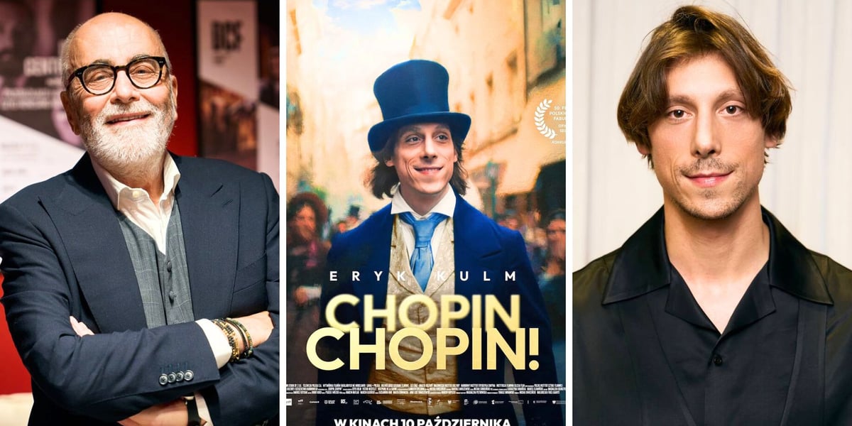 Trzy zdjęcia, z lewej Michał Kwieciński, reżyser filmu „Chopin, Chopin!”, w środku plakat filmu, z prawej Eryk Kulm, odtwórca roli Chopina