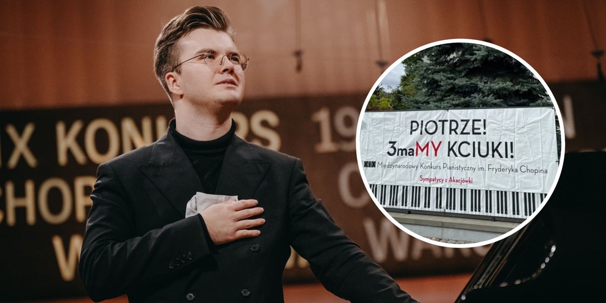 Na zdjęciu dużym Piotr Alexewicz po recitalu na Konkursie Chopinowskim, na małym zdjęciu w kółku baner ze słowami wsparcia dla pianisty przy al. Akacjowej