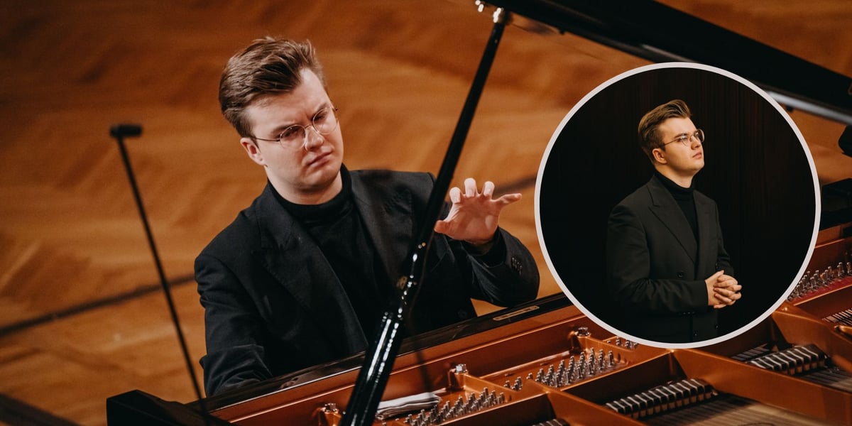 Na dużym, zdjęciu Piotr Alexewicz grający w III etapie Konkursu Chopinowskiego, na małym zdjęciu Piotr Alexewicz przed występem