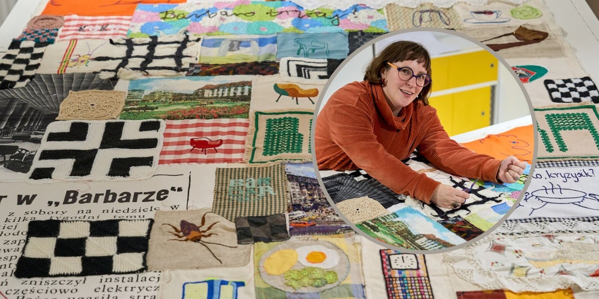 Na dużym zdjęciu fragment 3-metrowej tkaniny artystycznej z historią Barbary, na małym zdjęciu w kółku Olga Budzan przy zszywaniu elementów tkaniny