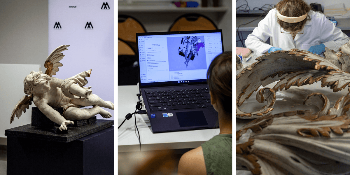 Kolaż 3 zdjęć: Stalle anielskie i przygotowywanie ich wersji cyfrowej w 3D