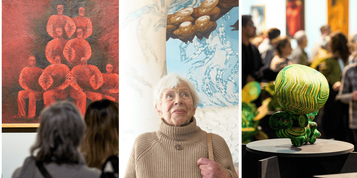 Zestawienie 3 zdjęć: z lewej obraz z wystawy Anny Szpakowskiej-Kujawskiej w Muzeum Architektury, obok artystka przy plafonie w bibliotece w Rynku, z prawej obiekt z wystawy