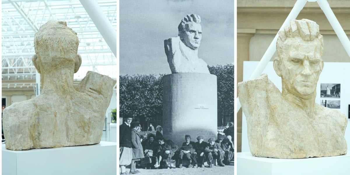 Na zdjęciu z prawej i z lewej „Popiersie robotnika” Xawerego Dunikowskiego, w środku popiersie na cokole podczas Wystawy Ziem Odzyskanych w 1948 roku