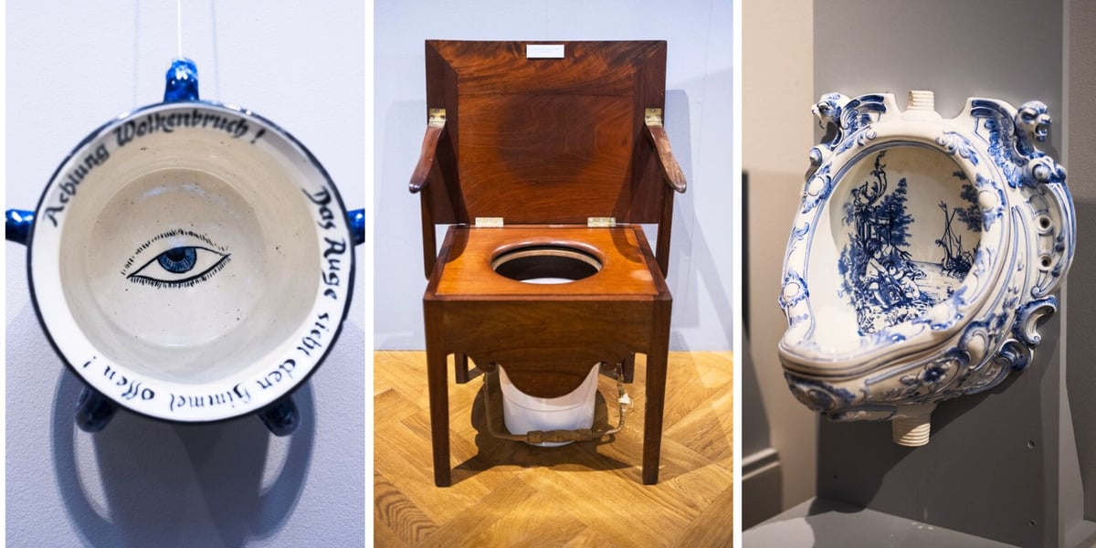 Na trzech zdjęciach eksponaty z wystawy „Gdzie król chodzi piechotą” – z lewej nocnik, w środku fotel toaletowy, z prawej pisuar