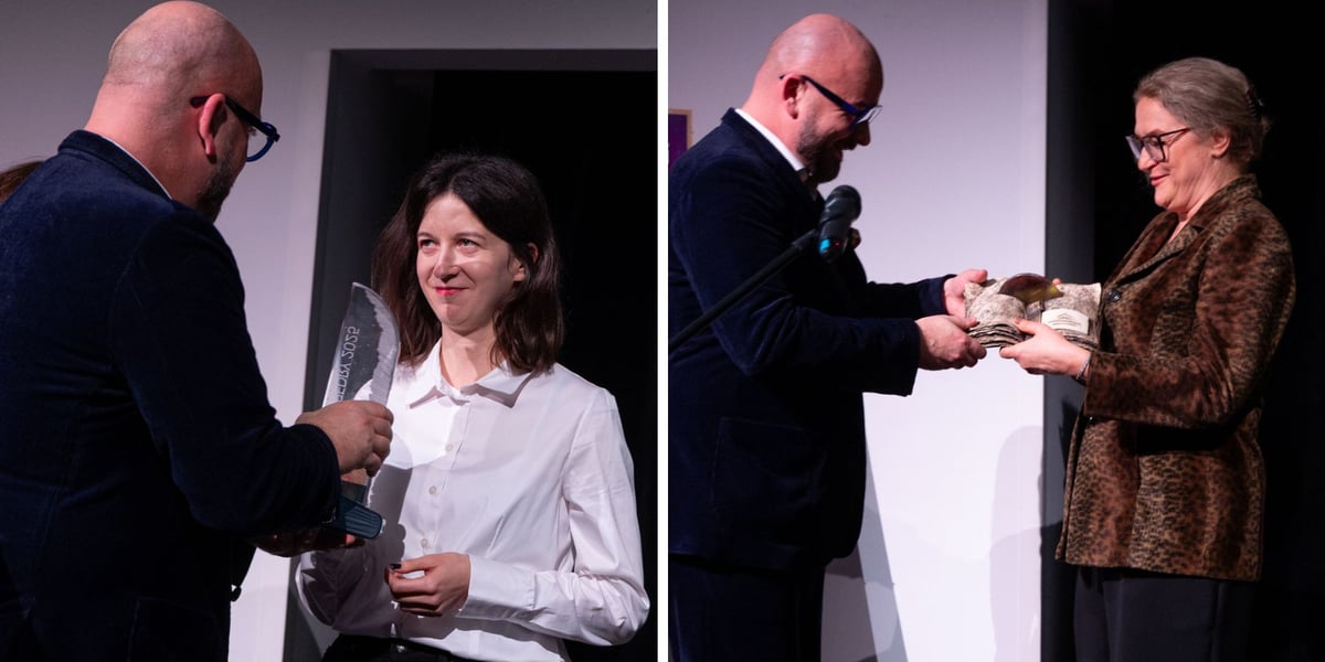 Zdjęcie dzielone na pół: z lewej wręczenie Pióra Fredry dla tegorocznego zwyciężcy, po prawej wręczenie nagrody Dobre Strony.