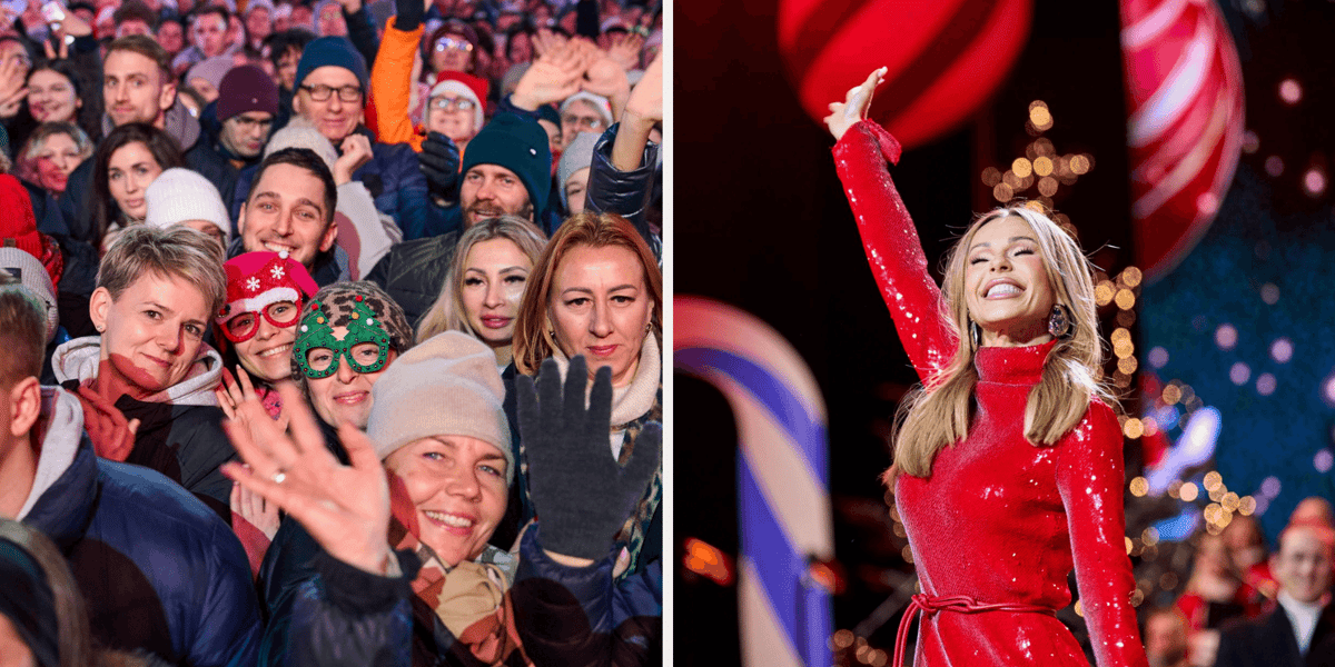 Z lewej publiczność na koncercie "Christmas Party" na pl. Wolności, z prawej Doda na scenie
