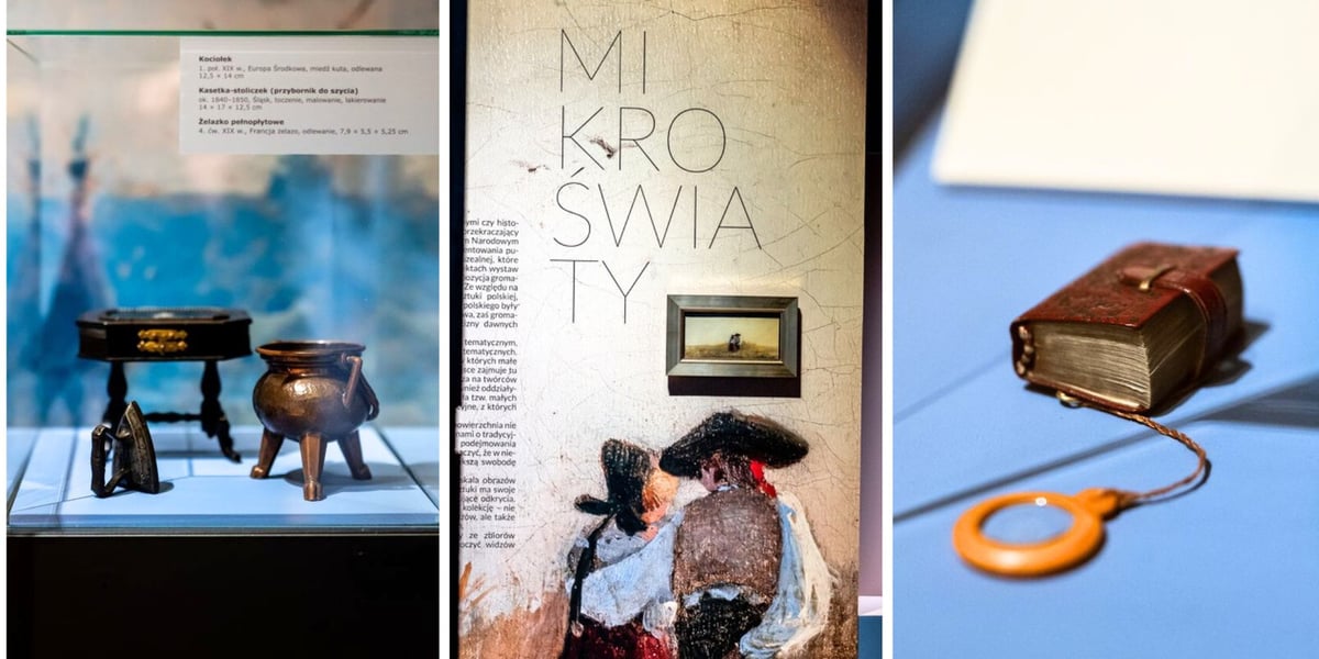 Na zdjęciach z lewej maleńki kociołek, w środku malutki obraz Adolfa Dresslera na początku wystawy, z prawej maciupka książeczka z lupką 