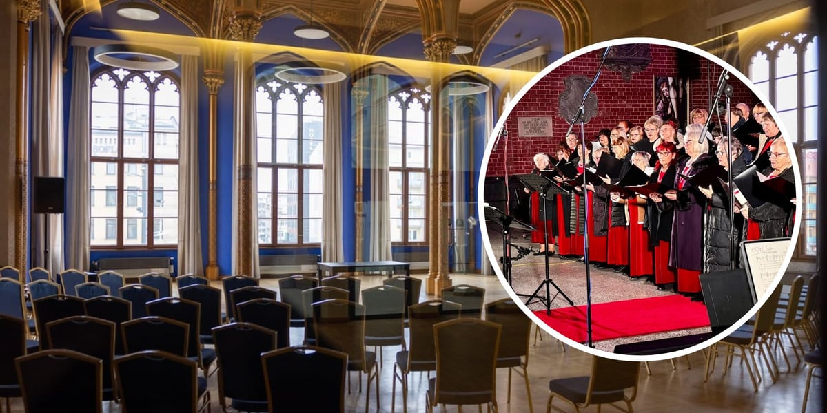 W tle Sala Sesyjna na Dworcu Wrocław Główny, w kółku Wrocławski Chór seniora (zdjęcie archiwalne)