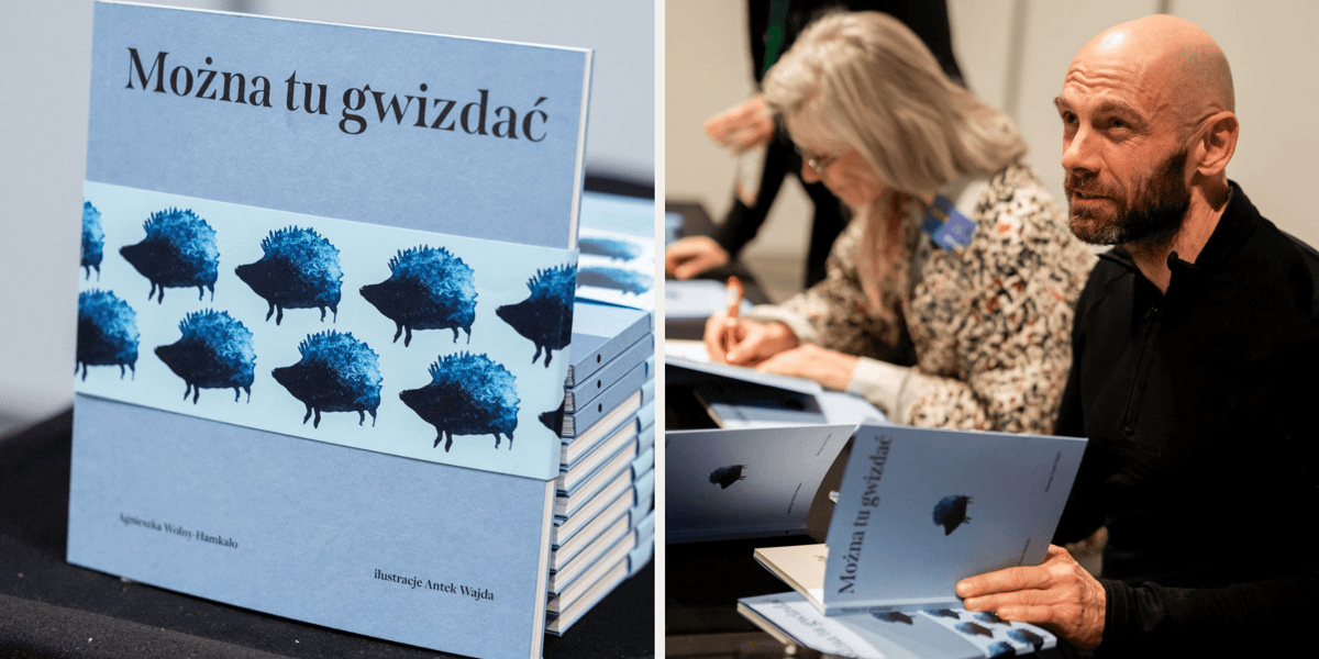Zestawienie dwóch zdjęć: z lewej okładka książki "Można tu gwizdać", z prawej Antek Wajda i Agnieszka Wolny-Hamkało, autorzy