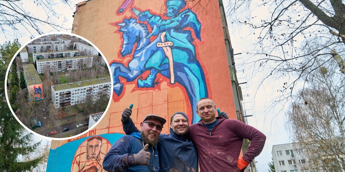Na dużym zdjęciu Filip „SKONT” Niziołek z przyjaciółmi – Tymoteuszem i Sebastianem, na małym zdjęciu w kółku – powstający mural z lotu ptaka