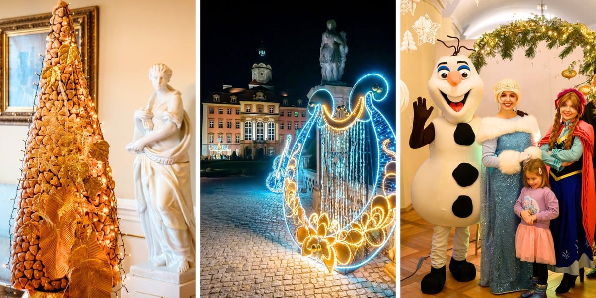 Na zdjęciu z lewej choinka z pierników w jednej z komnat, w środku świetlne dekoracje w ogrodach Książa, z prawej bohaterowie „Krainy Lodu”, z którymi można się sfotografować