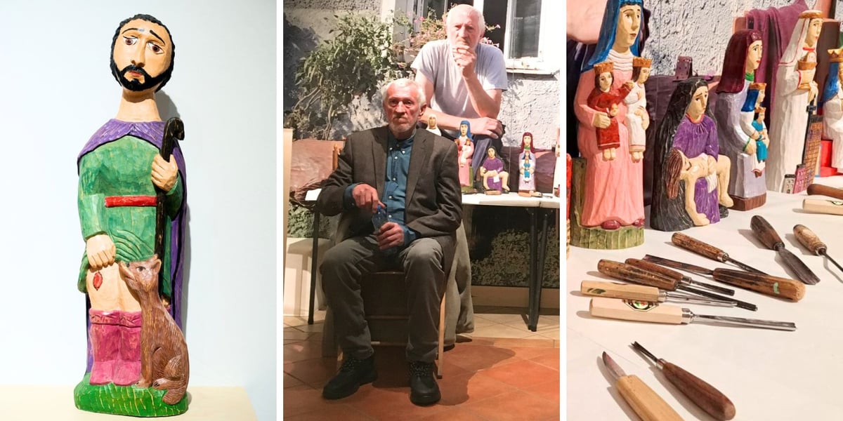 Na zdjęciu z lewej św. Roch, rzeźba Jana Giejsona, w środku Jan Giejson podczas prezentacji rzeźb w Muzeum Etnograficznym, z prawej dłuta i narzędzia rzeźbiarskie Jana Giejsona