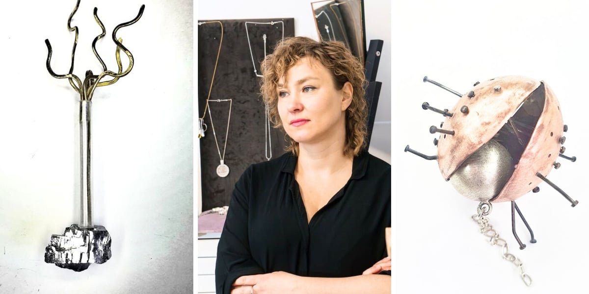 Na zdjęciu w środku Dominika Kuźniar, z prawej i z lewej jej prace z cyklu „Relacje”