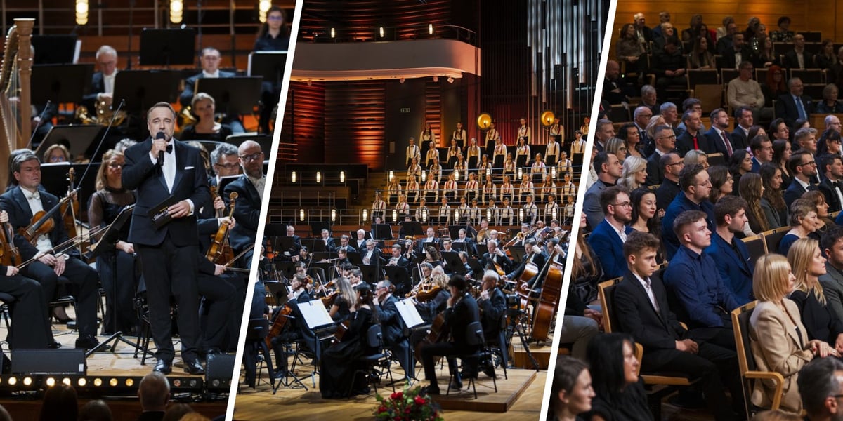 Na zdjęciach od lewej – Łukasz Nowicki prowadzący wieczór, NFM Filharmonia Wrocławska i Chór Chłopięcy oraz Dziewczęcy NFM na scenie, publiczność 