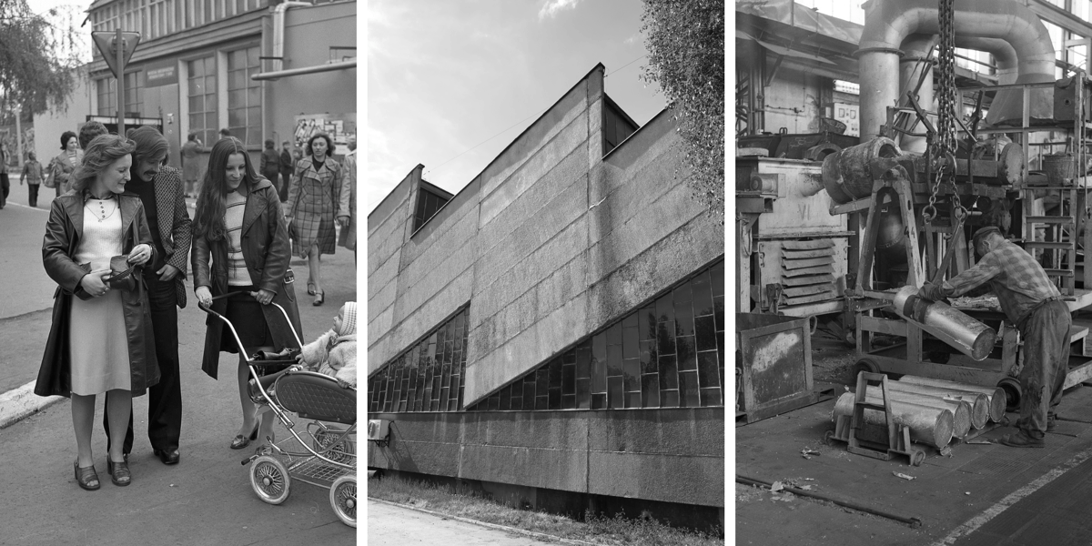 Kolaż 3 czarno-białych zdjęć przedstawiających Hutmen: ludzie, którzy przyszli na wydarzenie "Niedziela w Hutmenie" organizowane tam w latach 70,  sylwetka słynnej hali z charakterystycznym dachem, robotnik pracujący w hali