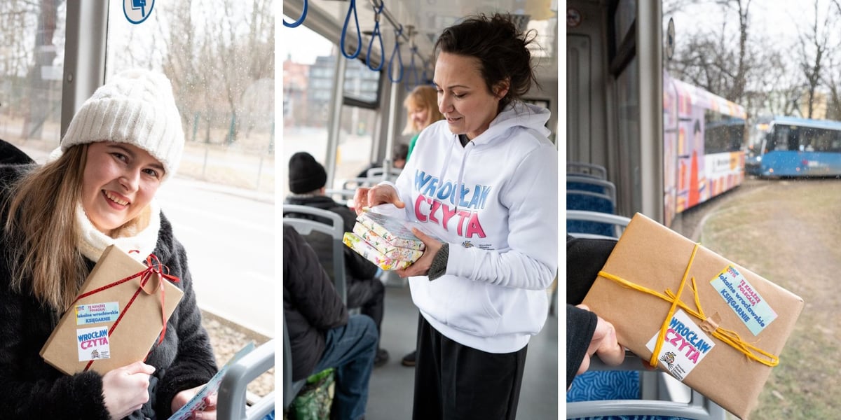 Trzy zdjęcia połączone w jeden baner – z lewej pasażerka BookTramu z książką, w środku rozdawanie książek podczas akcji, z prawej książka zapakowana i z naklejką „Wrocław czyta”