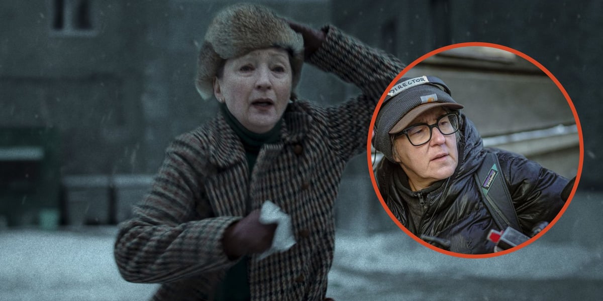 Na zdjęciu dużym Lesley Manville jako profesor Andrews w filmie „Zima pod znakiem Wrony”, na zdjęciu małym w kółku reżyserka Kasia Adamik na planie filmu  