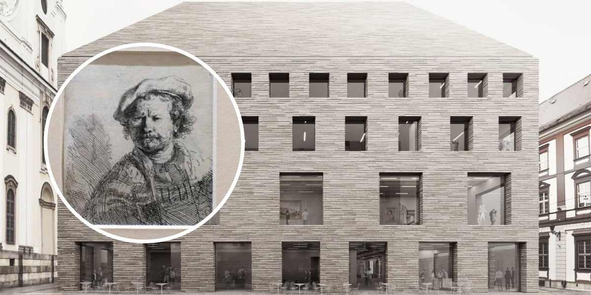 Na zdjęciu dużym wizualizacja gmachu Muzeum Książąt Lubomirskich, na małym zdjęciu w kółku dzieło Rembrandta „Autoportret w płaskim berecie” z kolekcji Muzeum Książąt Lubomirskich