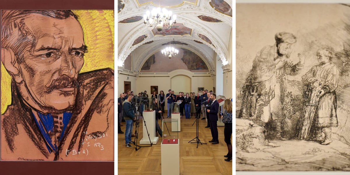 Na zdjęciu nabytki Muzeum Książąt Lubomirskich do obejrzenia w Ossolineum – od lewej portret spod ręki Witkacego, w środku refektarz Ossolineum, gdzie obejrzymy dzieła, z prawej grafika Rembrandta