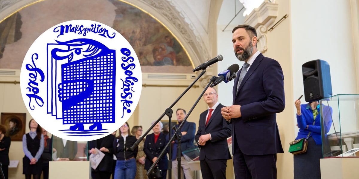 Na zdjęciu dużym Michał Mutor zapowiada wydarzenia Roku Ossolineum we Wrocławiu, na małym zdjęciu w kółku wizerunek Józefa Maksymiliana Ossolińskiego autorstwa Tomasza Brody 