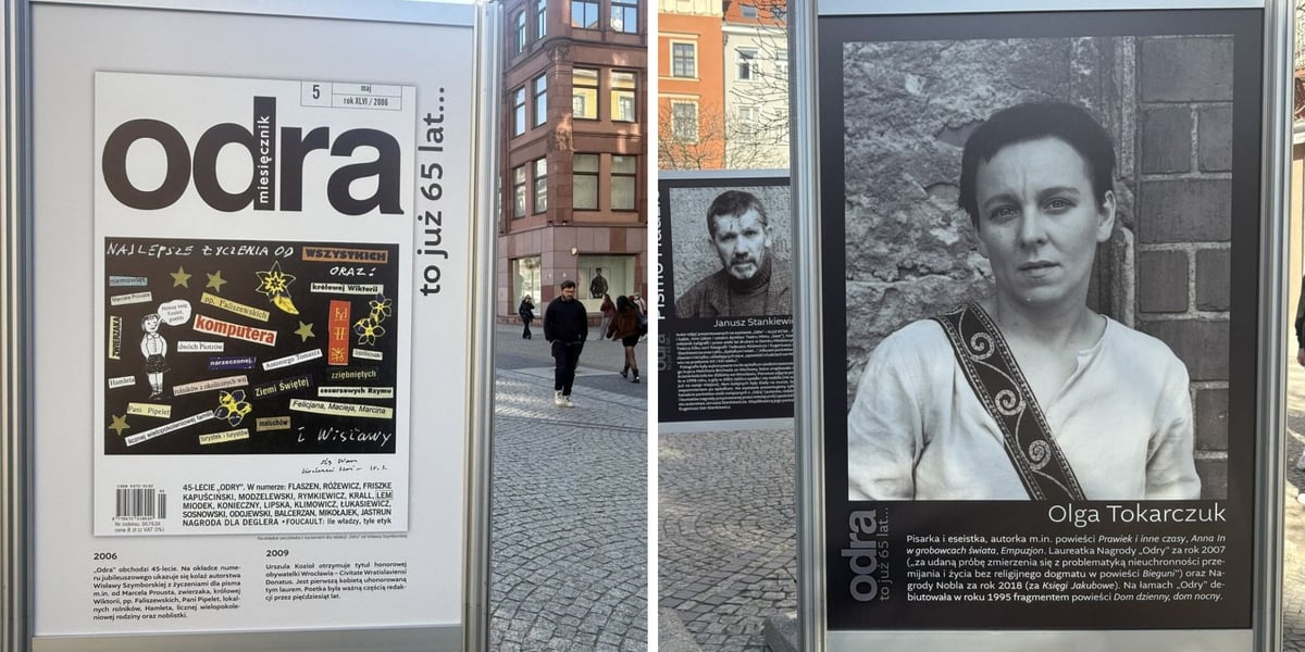 Na zdjęciach wystawa z okazji 65-lecia „Odry”, z lewej tablica z okładką pisma, z prawej zdjęcie Olgi Tokarczuk autorstwa Marka Stanielewicza