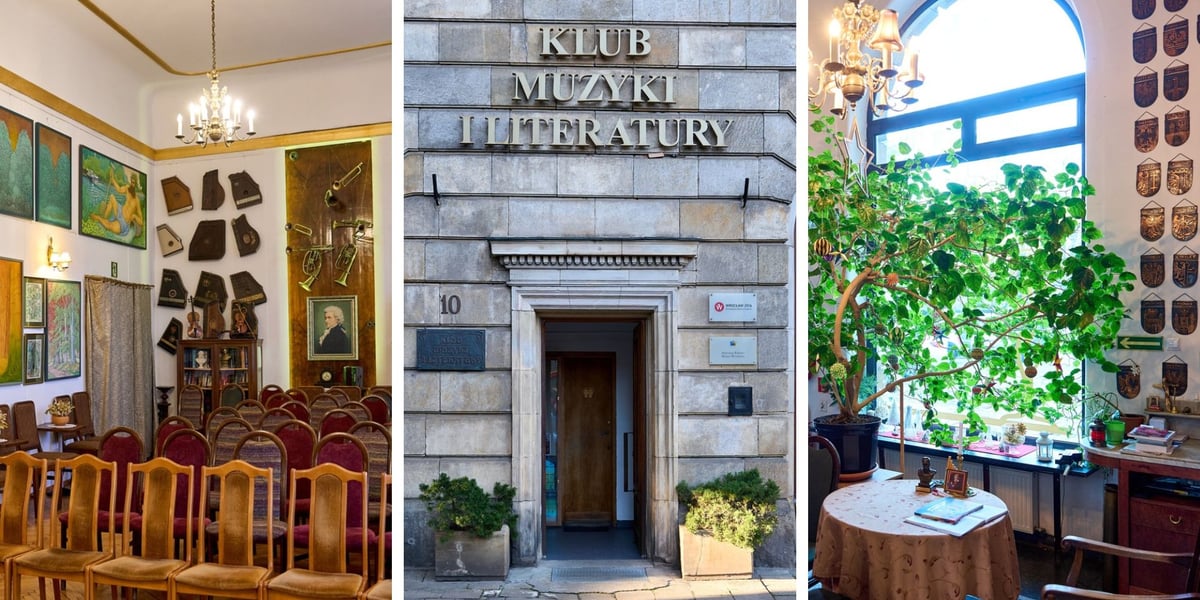 Na 3 zdjęciach od lewej sala koncertowa w Klubie Muzyki i Literatury, wejście do klubu od placu Kościuszki, foyer z ozdobną różą chińską 
