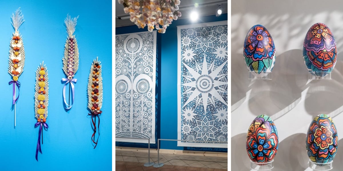 Na trzech zdjęciach od lewej palmy, wycinanki, zdobione wydmuszki jajek