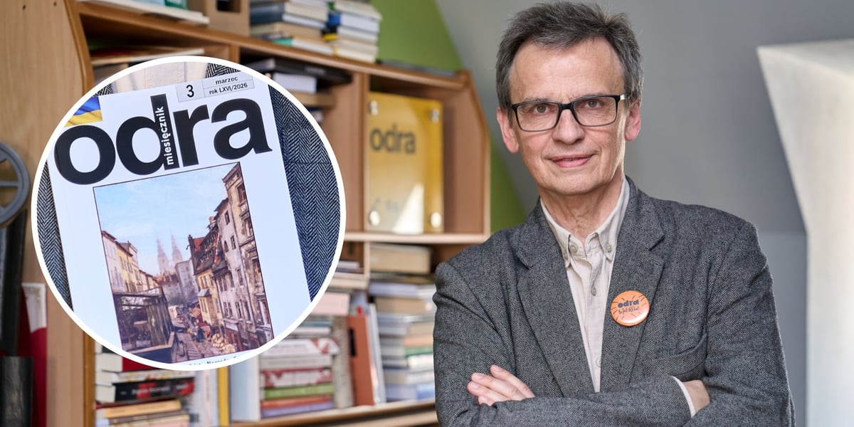 Na zdjęciu dużym Mariusz Urbanek, redaktor naczelny „Odry”, na zdjęciu w kółku jubileuszowy numer „Odry” z marca 2026 wydany na 65-lecie pisma 