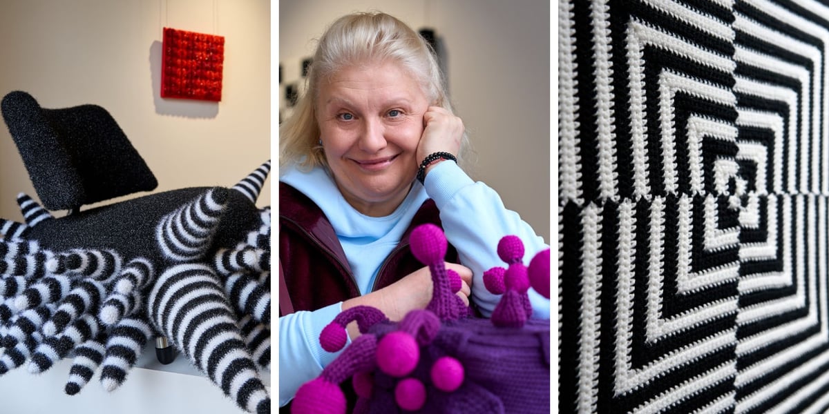 Trzy zdjęcia – z lewej „Obiekt najeżony” artystki, w środku artystka przy swojej pracy, z prawej jedno z dzieł z przędzy 