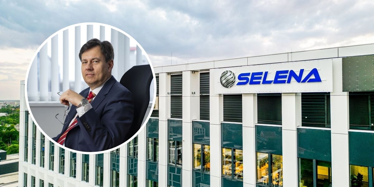 Zdjęcie ilustracyjne - widok na biurowiec z napisem "Selena" na fasadzie; w lewej części zdjęcia w okrągłym kadrze Sławomir Majchrowski, prezes Grupy Selena.
