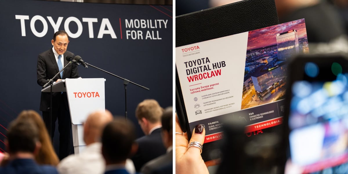 Zdjęcie podzielone na pól: z lewej mężczyzna przy mównicy z Napisem "Toyota" - Shinichi Yasui - wiceprezes wykonawczy Toyota Motor Europe, na pierwszym planie głowy słuchających osób.; z prawej - kobieca dłoń trzymająca ulotkę o otwarciu Toyota Digital Hub we Wrocławiu.