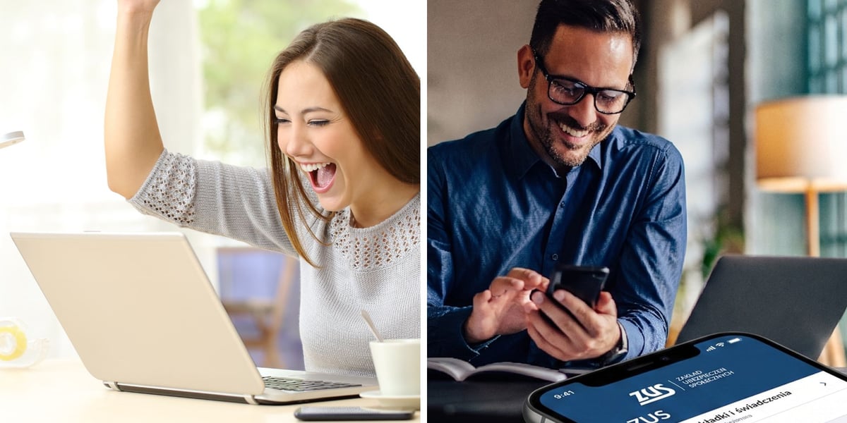 Uśmiechnięta kobieta i mężczyzna, w tle komputer i smartfon. Wakacje składkowe. Wciąż można złożyć wniosek