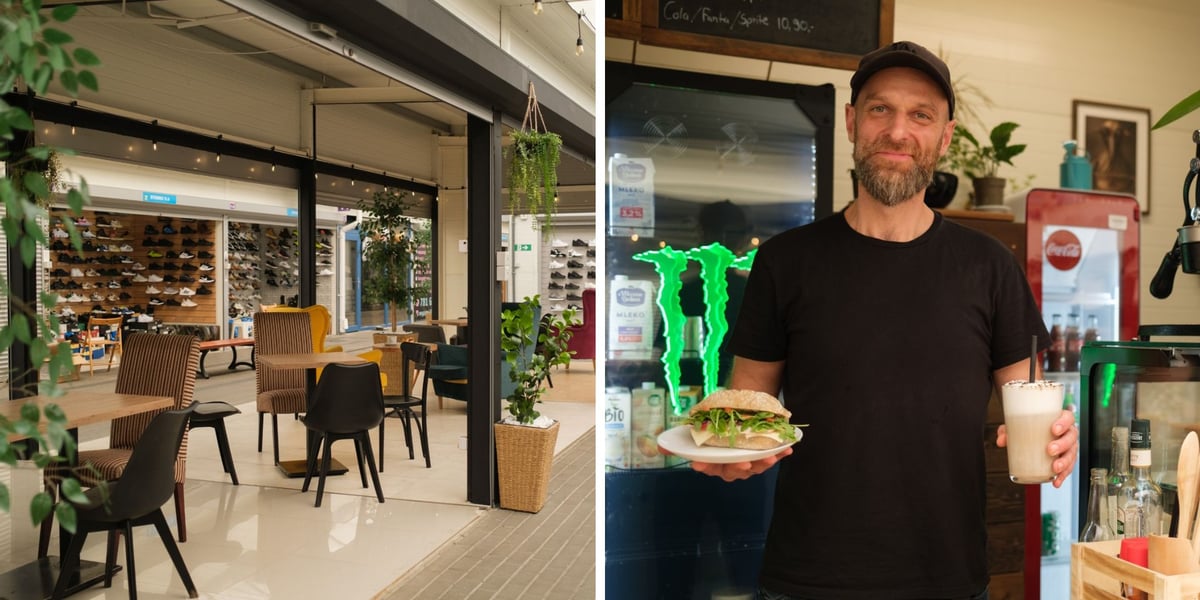 dwa zdjęcia: krzesełka i stoliki w strefie gastronomicznej w sąsiedztwie stoisk z obuwiem Pasażu Zielińskiego; mężczyzna podaje kanapkę oraz kawę z mlekiem