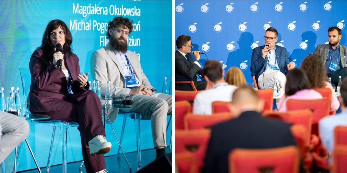 Zdjęcie podzielone na pół: z lewej Magdalena Okulowska (z mikrofonem), prezes ARAW podczas panelu na Forum Ekonomicznym w Karpaczu; z prawej - uczestnicy panelu z serii WRO Venture Connect 2.0 i publiczność na sali.