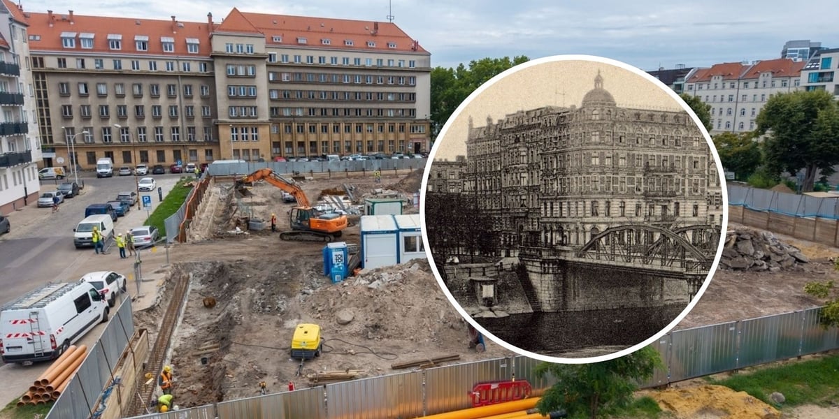 Zdjęcie przedstawia plac budowy z rozkopaną ziemią i koparką na tle budynków. W kółku umieszczono archiwalną, czarno-białą fotografię ze starym, ozdobnym budynkiem i mostem. Nowa inwestycja na placu Maxa Borna – ruszyły prace budowlane, wrzesień 2026 r. 