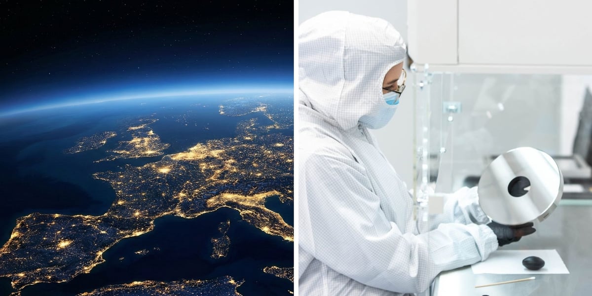 Po lewej nocny widok Europy z kosmosu, po prawej osoba w białym kombinezonie ochronnym trzyma w laboratorium okrągły, błyszczący element. Wrocławski Scanway z sukcesem na orbicie. Instrument już działa