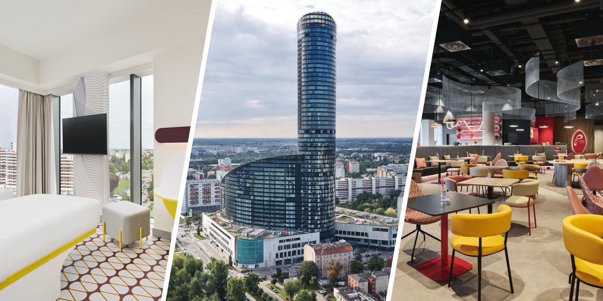 Pokój, budynek Sky Tower i restauracja hotelu Prize by Radisson we Wrocławiu. W Sky Tower otwarto hotel Prize by Radisson z 208 pokojami.