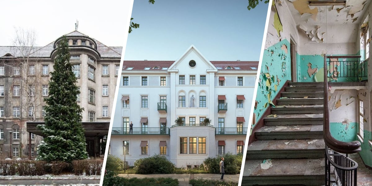 Nieużytkowane budynki poszpitalne na Traugutta w 2022 roku i wizualizacja jednego z nich po przebudowie