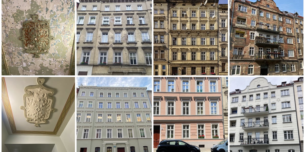 Na zdjęciu kamienice i detale architektoniczne przed i po remoncie