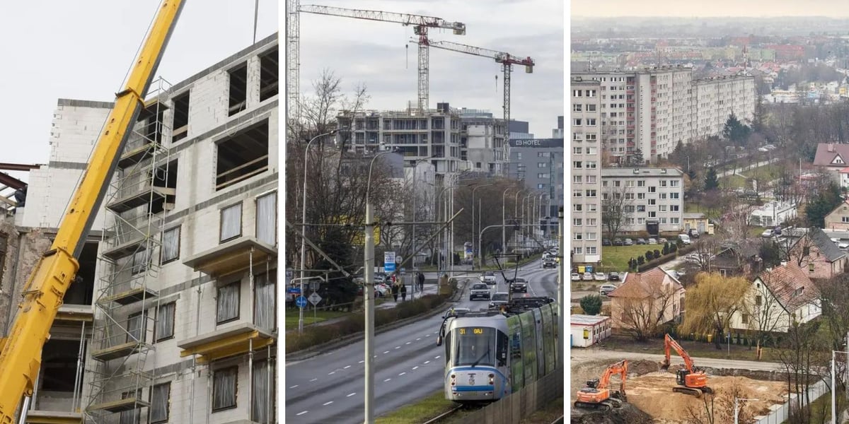 Budowa domów we Wrocławiu z dźwigami na placu budowy, zdjęcia ilustracyjne
