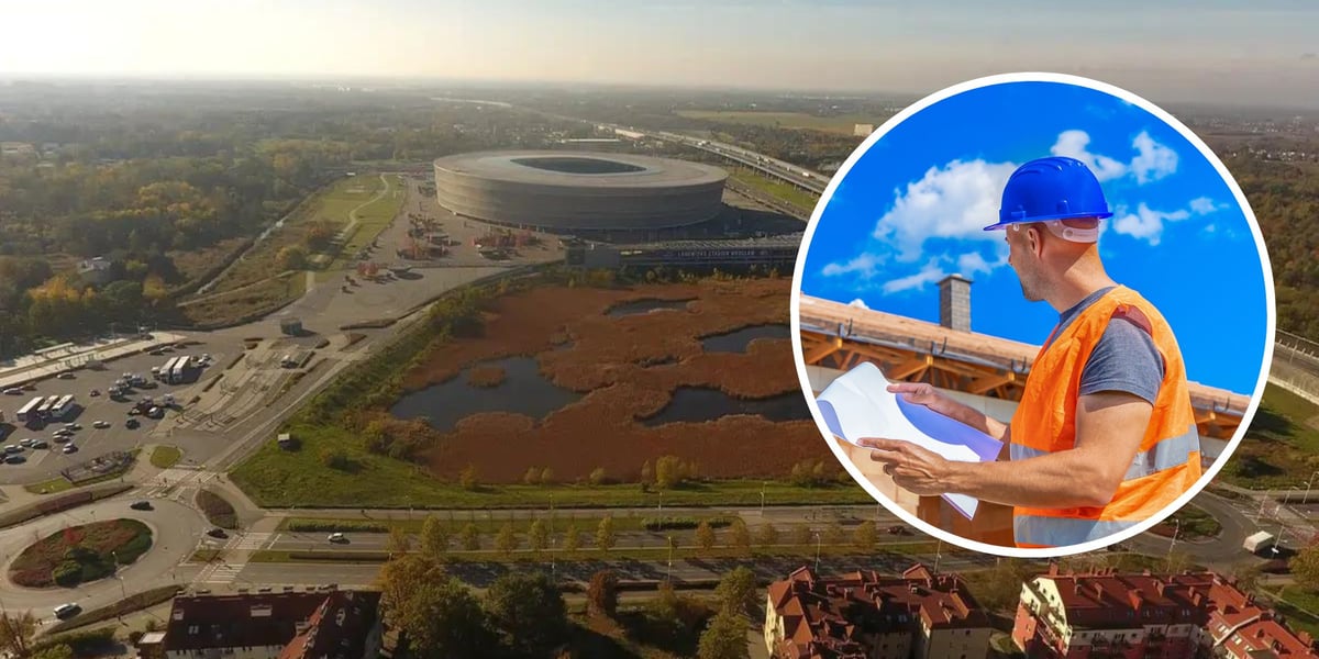 Teren przy Tarczyński Arena, który gmina Wrocław chce sprzedać, w kółku mężczyzna w kasku na budowie 